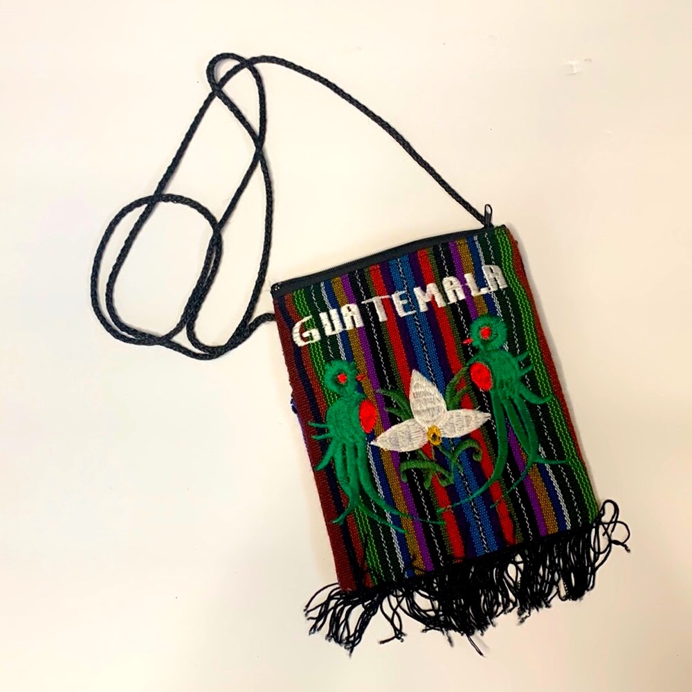 Guatemala Boho Fringed Bag | Colorful Hand Sewn Birds & Flower Design Crossbody